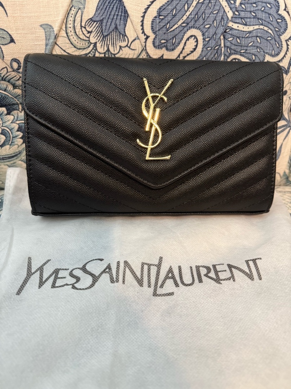 Yves Saint Laurent Black Quilted Leather Envelope Clutch with Gold YSL Hardware